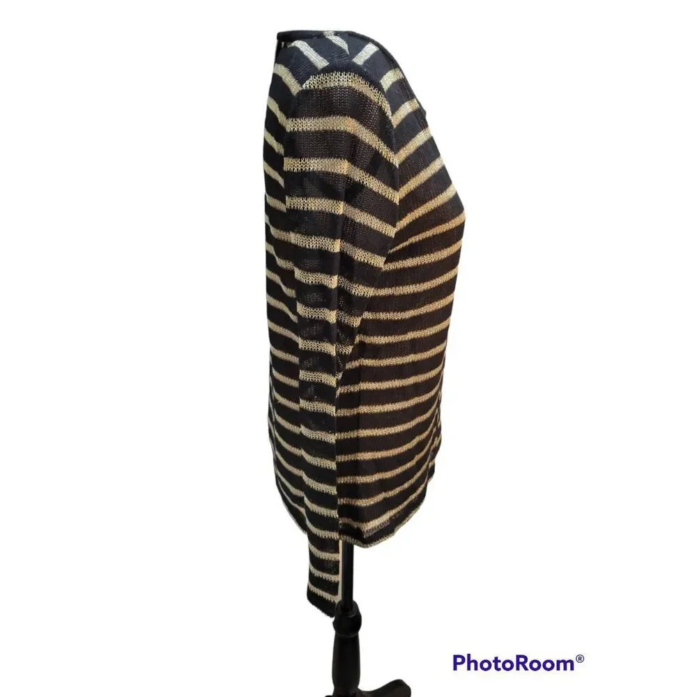 Michael Kors Open Knit Metallic Stripes Gold Black Long Sleeve Top Sz LP New